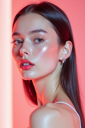 




pretty woman, graphics interesting creative effect, white and pink theme, light skin, red cheeks, pale pink lips, glossy shiny reflective lips, long straight hair, looking aside, glossy skin