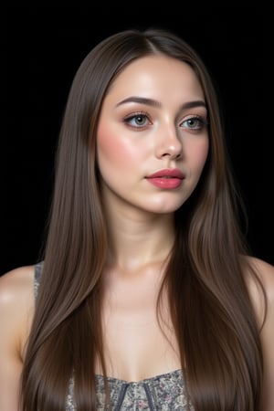  woman 25 years old, long straight hair, thick hair, detailed face, long eyelashes, detailed eyes, red cheeks, glossy skin, elegant woman, healthy skin tone, pretty and beauty woman face marks, pale snow white skin tone, thick hair, blue green eyes, pink cheeks, glossy lips, light white skine tone, 
dress, 
looking aside, 
black background, 
detailed, quality, professional camera photo, spotlight, photo session, dramatic lighting on face,Nayane,dr4in