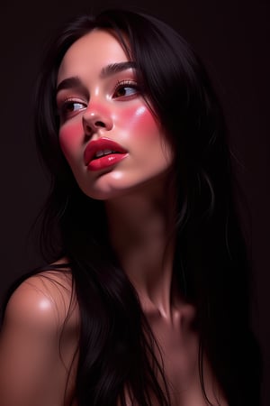 




pretty woman, graphics interesting creative effect, black dark pink theme, light skin, red cheeks, , pink lips, glossy shiny reflective lips, long straight hair, looking aside, glossy skin