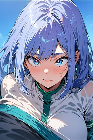 woman, (High-resolution images、4k,masterpiece:1.5), Ultra-detailed (),(depth of field),(beautiful face), (stable body:1), 
solo, blue background, 
(nejire hadou from my hero academia show),Blowjobtitjob