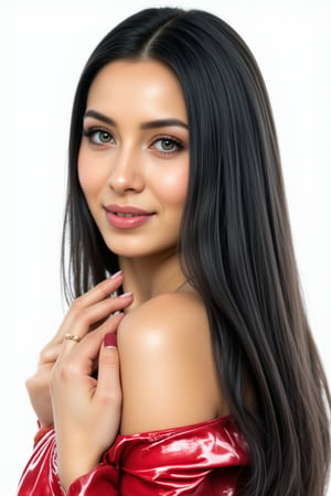  woman 25 years old, long straight hair, thick hair, detailed face, long eyelashes, detailed eyes, red cheeks, glossy skin, elegant woman, healthy skin tone, pretty and beauty woman face marks, pale snow white skin tone, light reflecting hair, blue green eyes, rossy cheeks, naturally glossy lips, black hair, 
(fully reflective shiny dress:1.3),  
looking aside, 
white background, 
detailed, quality, professional camera photo, spotlight, photo session, dramatic lighting on face,Nayane