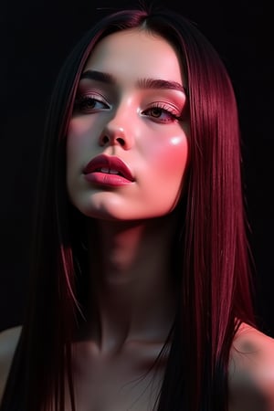 




pretty woman, graphics interesting creative effect, black dark pink theme, light skin, red cheeks, pale pink lips, glossy shiny reflective lips, long straight hair, looking aside, glossy skin