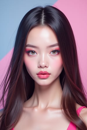 




pretty woman, sleek straight hair, abstract pink blue background, glossy makeup, glossy pink lips, white skin, long hair, colorful eyes