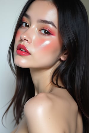 




pretty woman, graphics interesting creative effect, white and black theme, light skin, red cheeks, pale pink lips, glossy shiny reflective lips, long straight hair, looking aside, glossy skin, pumpy face fat 