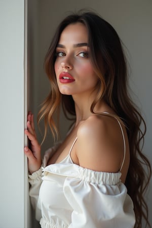 




pretty woman, graphics interesting creative effect, white black theme, light skin, red cheeks, pale pink lips, glossy shiny reflective lips, long straight hair, looking aside, glossy skin, pumpy face fat, waist-up shot