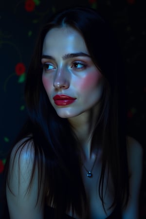 




pretty woman, graphics interesting creative effect, black dark blue theme, light skin, red cheeks, , pink lips, glossy shiny reflective lips, long straight hair, looking aside