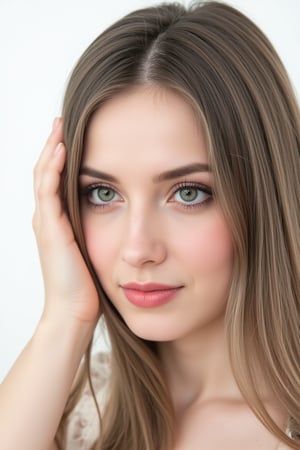  woman 25 years old, long straight hair, thick hair, detailed face, long eyelashes, detailed eyes, red cheeks, glossy skin, elegant woman, healthy skin tone, pretty and beauty woman face marks, pale snow white skin tone, thick hair, blue green eyes, pink cheeks, glossy lips, light white skine tone, 
dress, 
looking aside, 
white background, 
detailed, quality, professional camera photo, spotlight, photo session, dramatic lighting on face,Nayane,dr4in