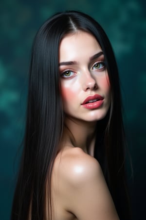 




pretty woman, sleek straight hair, abstract dark blue dark green background, glossy makeup, glossy pink lips, white skin, long hair, colorful eyes, red cheeks, snow white skin