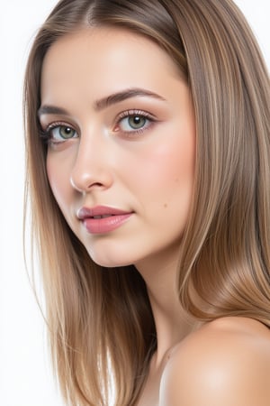  woman 25 years old, long straight hair, thick hair, detailed face, long eyelashes, detailed eyes, red cheeks, glossy skin, elegant woman, healthy skin tone, pretty and beauty woman face marks, pale snow white skin tone, thick hair, blue green eyes, pink cheeks, glossy lips, light white skine tone, 
dress, 
looking aside, 
white background, 
detailed, quality, professional camera photo, spotlight, photo session, dramatic lighting on face,Nayane,dr4in