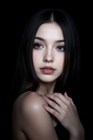  woman 25 years old, long straight hair, thick hair, detailed face, long eyelashes, detailed eyes, red cheeks, glossy skin, elegant woman, healthy skin tone, pretty and beauty woman face marks, pale snow white skin tone, thick hair, blue green eyes, pink cheeks, glossy lips, light white skine tone, black hair, 
dress, 
looking aside, 
black background, 
detailed, quality, professional camera photo, spotlight, photo session, dramatic lighting on face,Nayane,dr4in