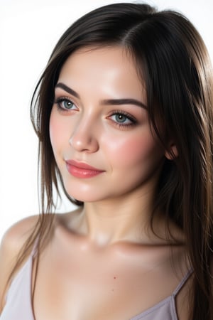  woman 25 years old, long straight hair, thick hair, detailed face, long eyelashes, detailed eyes, red cheeks, glossy skin, elegant woman, healthy skin tone, pretty and beauty woman face marks, pale snow white skin tone, thick hair, blue green eyes, pink cheeks, glossy lips, light white skine tone, black hair, 
dress, 
looking aside, 
white background, 
detailed, quality, professional camera photo, spotlight, photo session, dramatic lighting on face,
body, 