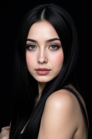  woman 25 years old, long straight hair, thick hair, detailed face, long eyelashes, detailed eyes, red cheeks, glossy skin, elegant woman, healthy skin tone, pretty and beauty woman face marks, pale snow white skin tone, thick hair, blue green eyes, pink cheeks, glossy lips, light white skine tone, black hair, 
dress, 
looking aside, 
black background, 
detailed, quality, professional camera photo, spotlight, photo session, dramatic lighting on face,Nayane,dr4in