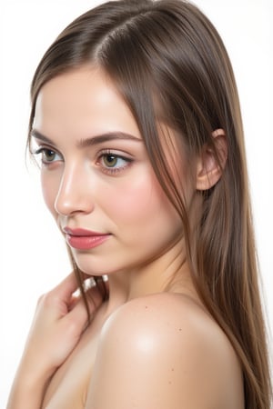  woman 25 years old, long straight hair, thick hair, detailed face, long eyelashes, detailed eyes, red cheeks, glossy skin, elegant woman, healthy skin tone, pretty and beauty woman face marks, pale snow white skin tone, thick hair, blue green eyes, pink cheeks, glossy lips, light white skine tone, 
dress, 
looking aside, 
white background, 
detailed, quality, professional camera photo, spotlight, photo session, dramatic lighting on face,
