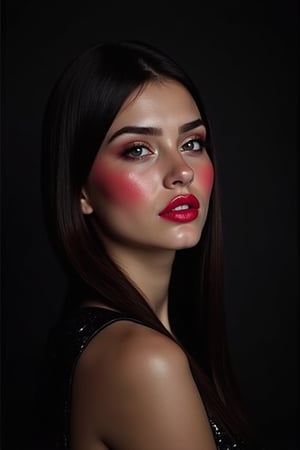 




pretty woman, graphics interesting creative effect, black dark color theme, light skin, red cheeks, , pink lips, glossy shiny reflective lips, long straight hair, looking aside