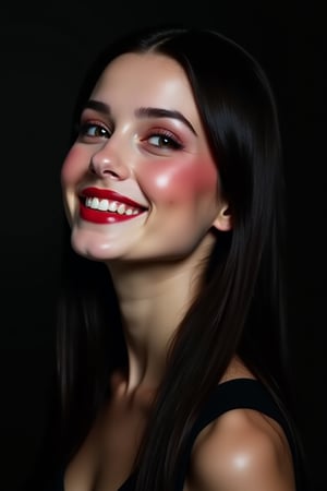 




pretty woman, black dark color theme, red natural cheeks, , pink lips, glossy shiny reflective lips, long straight hair, looking aside, snow white skin tone, happy smile