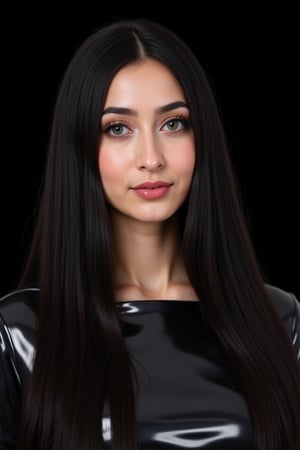  woman 25 years old, long straight hair, thick hair, detailed face, long eyelashes, detailed eyes, red cheeks, glossy skin, elegant woman, healthy skin tone, pretty and beauty woman face marks, pale snow white skin tone, light reflecting hair, blue green eyes, rossy cheeks, naturally glossy lips, black hair, 
(fully reflective shiny dress:1.3),  
looking aside, 
black background, 
detailed, quality, professional camera photo, spotlight, photo session, dramatic lighting on face,Nayane