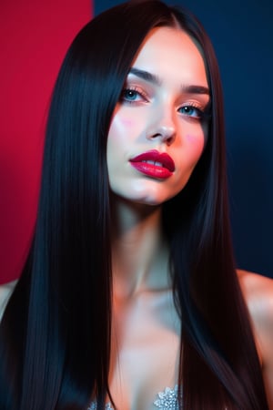 




pretty woman, sleek straight hair, abstract dark blue dark red background, glossy makeup, glossy pink lips, white skin, long hair, colorful eyes, red cheeks, snow white skin