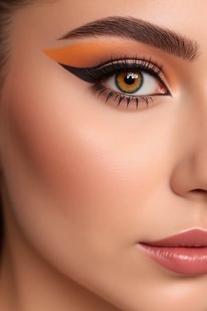 Close-up of a woman's face with elaborate makeup. 


The makeup features a leopard print design applied to the skin around the eye area and extending slightly onto the cheek. The print is rendered in shades of orange and black. 


The eyeshadow is a light beige-tan, blending into a deeper tone along the crease of the eyelid, and extending outward. 


The eyeliner is a dark, thick line that follows the shape of the eye. 

She is wearing cat contact lens, The contact lenses are yellow with a black cat-eye design
The woman's eyes are visibly detailed, with long, dark lashes, making the eyes seem more defined and striking. 


The skin is a light beige tone, and the complexion appears smooth and even. 


The woman's lips are a vibrant rosy-pink, and softly touched with a lipgloss-type product.


The focus is primarily on the face and makeup, with the background slightly out of focus.