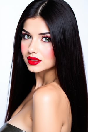  woman 25 years old, long straight hair, thick hair, detailed face, long eyelashes, detailed eyes, red cheeks, glossy skin, elegant woman, healthy skin tone, pretty and beauty woman face marks, pale snow white skin tone, thick hair, blue green eyes, red cheeks, naturally glossy lips, black hair, (perfect artistic detailed glossy makeup:1.3), 
(fully reflective shiny dress:1.3), 
looking aside, 
white  background, 
detailed, quality, professional camera photo, spotlight, photo session, dramatic lighting on face,Nayane