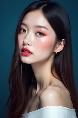 




pretty woman, sleek straight hair, abstract dark blue background, glossy makeup, glossy pink lips, white skin, long hair, colorful eyes, red cheeks