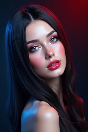 




pretty woman, sleek straight hair, abstract dark blue dark red background, glossy makeup, glossy pink lips, white skin, long hair, colorful eyes, red cheeks, snow white skin