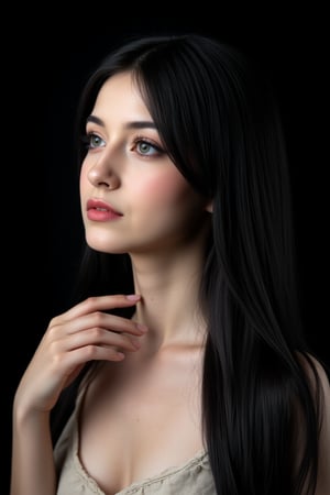  woman 25 years old, long straight hair, thick hair, detailed face, long eyelashes, detailed eyes, red cheeks, glossy skin, elegant woman, healthy skin tone, pretty and beauty woman face marks, pale snow white skin tone, thick hair, blue green eyes, pink cheeks, glossy lips, light white skine tone, black hair, 
dress, 
looking aside, 
black background, 
detailed, quality, professional camera photo, spotlight, photo session, dramatic lighting on face,Nayane,dr4in