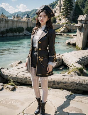  white silk stockings,black short boots,pirate costums,masterpiece, best quality, (photorealistic:1.5), (realskin:1.5), 1girl, east asian girl, solo,smilling face, black hair, outdoors, standing,looking at viewer, disney land castle background,smile, blurry, full body,  blurry background, realistic,hll,tutuwl,sexypirate,Pirates of the Caribbean,AliceWonderlandWaifu,