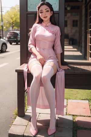 (full body Shot) (Masterpiece, 8k, Realistic, RAW Photo, Best Quality, Sharp: 1) Girl sitting on the ground, delighted expression, (nude), pink pussy, lots of pubic hair, small breasts, girl, (pink stockings), tongue out, eyes wide,tutuwl,aodai