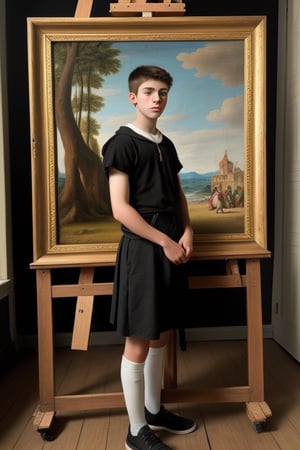 creates an image of a teenager from the Renaissance era painting a painting, a Renaissance teenager, creates an image of a 16-year-old teenager painting in front of an easel. (TEENAGER), Renaissance style image, male, Ten-year-old teenager painting the Renaissance, Renaissance period.