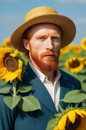 create a realistic image of Vincent Van Gogh with red hair surrounded by sunflowers, Vincent Van Gogh must be with his reddish hair, reddish beard, Realistic face of Vincent Van Gogh, artwork about Van Gogh, van Gogh must be contemplating in the horizon to yellow sunflowers that are lost in the darkness, Van Gogh must be represented as a disturbed painter, realistic image, full length image, Van Gogh, Vincent Van Gogh art, realistic sunflowers, Van gogh Disturbed, realistic photo, dramatic , (8k) high definition, masterpiece, Van Gogh with sunflowers in hands, VERY RED HAIR (RED HAIR) RED BEARD