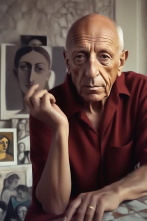 illustration, Character design, Pablo Picasso, high definition, sitting next to his paintings, painted Picasso, painter, man, plastic artist, Picasso's real face, make it well detailed, very similar to Pablo Picasso, high definition image, add all the features of Pablo Picasso, realistic face, 8k, masterpiece.
