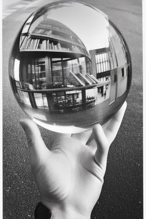 Work of art, hand holding glass sphere, hand holding a glass sphere, the objects must be reflected in the sphere.