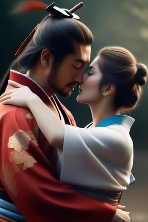 samurai warrior hugging a woman passionately, samurai kissing a girl, high resolution, realistic, hyperrealistic, realistic photo, high quality, the samurai must have armor, the girl must be in his arms, beautiful image, perfect photo without errors, 8k, full hd