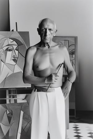 illustration, Character design, Pablo Picasso, high definition, sitting next to his paintings, painted Picasso, painter, man, plastic artist, Picasso's real face, make it well detailed, very similar to Pablo Picasso, high definition image, add all the features of Pablo Picasso, realistic face, 8k, masterpiece.