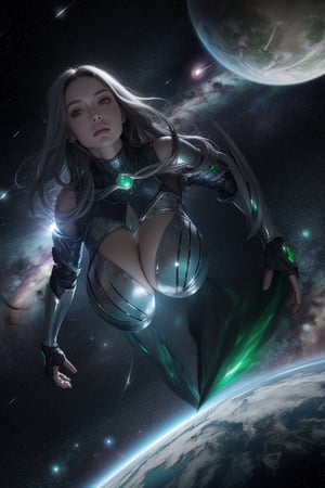 giant woman flying through space surrounded by planets wearing silver armor and emeralds all over her body