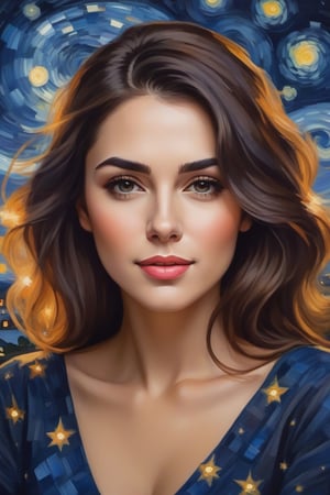portraits made in the style of vangog, female portrait with the starry night in the background, portraits made with the technique of impressionism, impressionist portraits of high quality and high definition