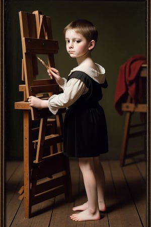 creates an image of a child from the Renaissance era painting a picture, a Renaissance child creates an image of a ten-year-old child painting in front of an easel. (BOY), Renaissance style image, male, ten-year-old boy painting the Renaissance, Renaissance period.