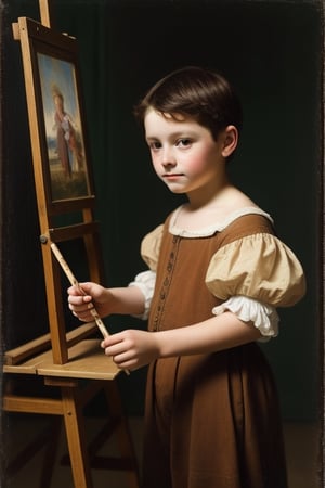 creates an image of a child from the Renaissance era painting a picture, a Renaissance child creates an image of a ten-year-old child painting in front of an easel. (BOY), Renaissance style image, male, ten-year-old boy painting the Renaissance, Renaissance period.