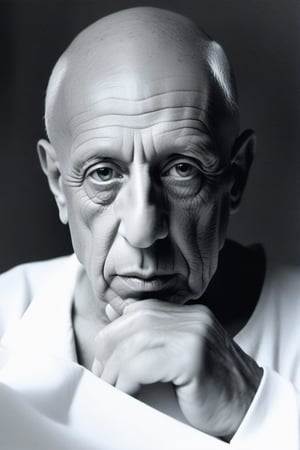 illustration, Character design, Pablo Picasso, high definition, sitting next to his paintings, painted Picasso, painter, man, plastic artist, Picasso's real face, make it well detailed, very similar to Pablo Picasso, high definition image, add all the features of Pablo Picasso, realistic face, 8k, masterpiece.