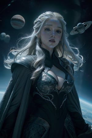 giant woman flying through space surrounded by planets wearing silver armor and emeralds all over her body,Game of Thrones, an impressive body, her lips must be very provocative and her hair must stand out with incomparable beauty, defined face, green eyes, sexy and provocative look, full 8k