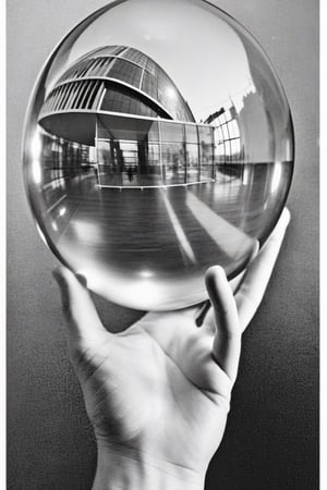 Work of art, hand holding glass sphere, hand holding a glass sphere, the objects must be reflected in the sphere.