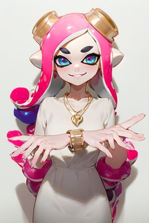 Agent 8 splatoon, white, blue eyes, white and pink hair, tentacle hair, hair in a bun, flower hair peace, white dress, fancy dress with flowers on it, gold necklace, looking at viewer, smiling, outside, at party, Agente 8 (Splatoon),girl,Agent 8 (Splatoon),Marina, fix hands,realhands