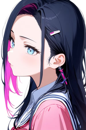 masterpiece:1.5, spot light, exquisite gentle eyes,(sideburns,sidelock:1.5),
,masterpiece,(),(middle hair:1.3), 
1girl, long hair, black hair, pretty face, schoolgirl, white simple background, blue theme, pink theme, face close-up shot, 