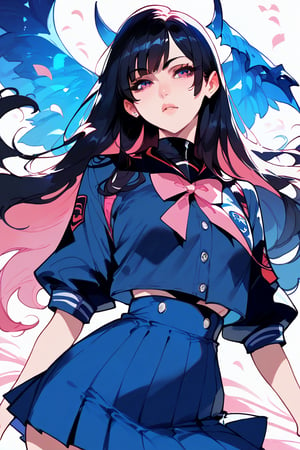 score_9, score_8_up, score_7_up, score_6_up, score_5_up, 1girl, 
1girl, long hair, black hair, schoolgirl, simple white background, blue theme, pink theme, upper part of body, (waist-up shot:1.3), 