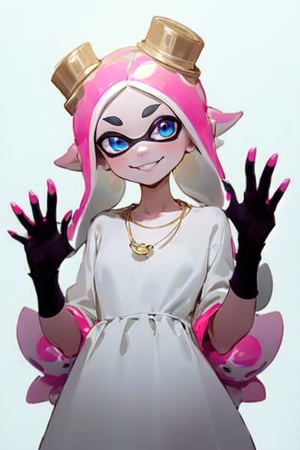 Agent 8 splatoon, white, blue eyes, white and pink hair, tentacle hair, hair in a bun, flower hair peace, white dress, fancy dress with flowers on it, gold necklace, looking at viewer, smiling, outside, at party, Agente 8 (Splatoon),girl,Agent 8 (Splatoon),Marina, fix hands,realhands