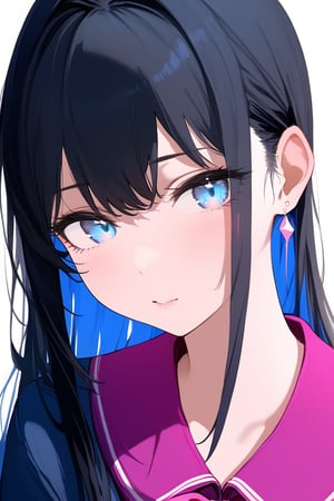 masterpiece:1.5, spot light, exquisite gentle eyes,(sideburns,sidelock:1.5),
,masterpiece,(),(middle hair:1.3), 
1girl, long hair, black hair, pretty face, schoolgirl, white simple background, blue theme, pink theme, face close-up shot, 