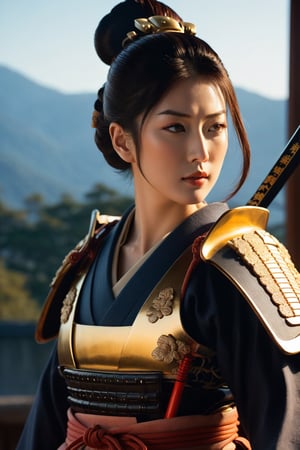 ((Top Quality)), ((Masterpiece)), ((Authentic)),A stunningly realistic anime depicting a female samurai wearing exquisitely rendered ukiyo-e porcelain armor adorned with a harmonious blend of soft whites and earth tones. The samurai stands confidently in a powerful pose, sword drawn, its blade gleaming in the dazzling light. The interplay of light and shadow highlights the texture and form of the armor, creating a mesmerizing, cinematic atmosphere with ukiyo-e inspired landscapes and golden sunsets. colorful, divine rays, cinematic lighting, 8k, (glow, sparkle), (beautiful composition), cinematic lighting, intricate, realism, ukiyo-e, movie, samurai,