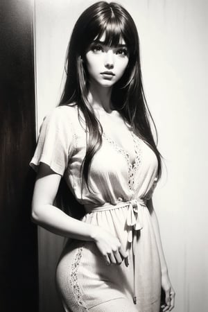 1 person, female, 17 years old, perfect anatomy, perfect proportions, perfect face, mysterious and cute beautiful girl, delicate face, brown hair, long straight hair, (parting, bangs: 1.45), white casual dress, brown leather long boots, dynamic pose, conceptual art, realism, Godley, cinematic lighting, black and white photography, monochrome, sketch, grayscale,