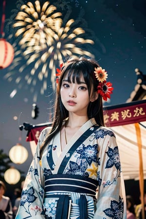 1 person, female, 18 years old, mysterious pretty beautiful kawaii girl, black long straight hair, blunt bangs, slanted eyes, sparkling eyes, light blue yukata with large flower pattern, night sky with fireworks, festival stall, movie lighting, soft focus, translucent luminous body, overexposed, airy photo,