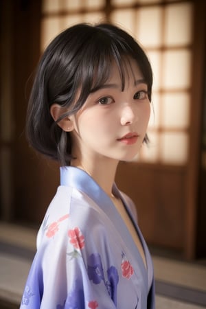 (8K, RAW photo, best quality, masterpiece), high-definition RAW color photo professional photo, (realisitic, photorealisim:1.37), (best quality), (best shadow), (best illustration), 1 Woman, 23years old, Mystical Beautiful Girl, medium hair, hime cut, blunt bangs, black hair, kimono, Very short stature, Very small breasts,see-through kimono